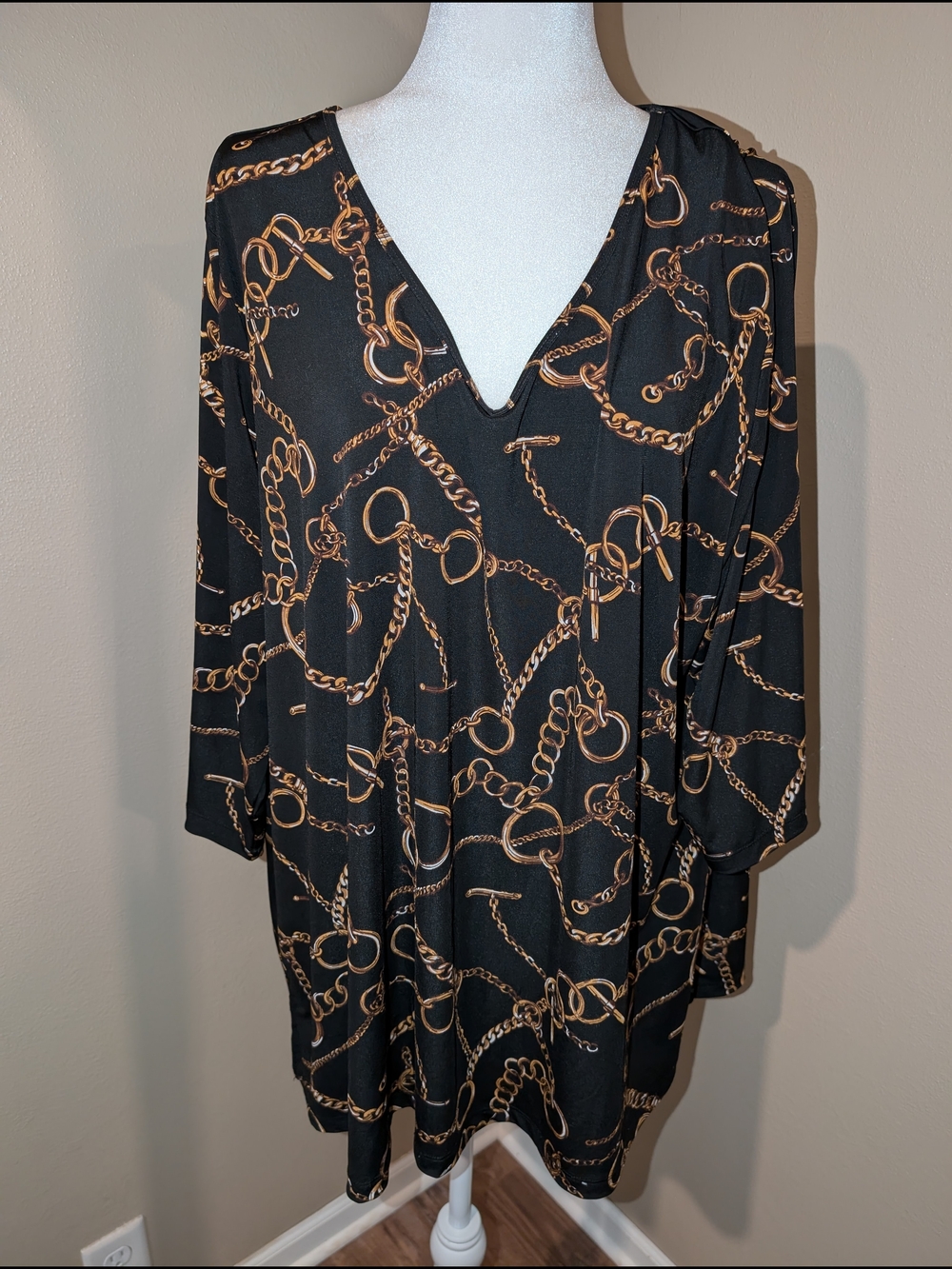 Susan Graver Black Tunic with Gold Chain Motif